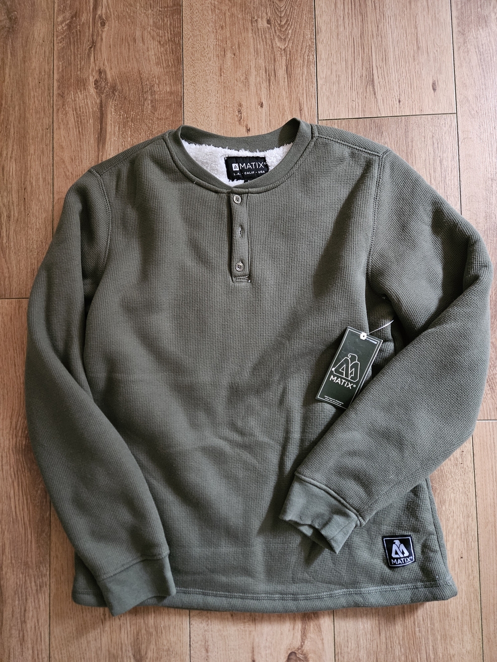 Matix Olive Green Crewneck Henley Sweat Shirt Mens Small